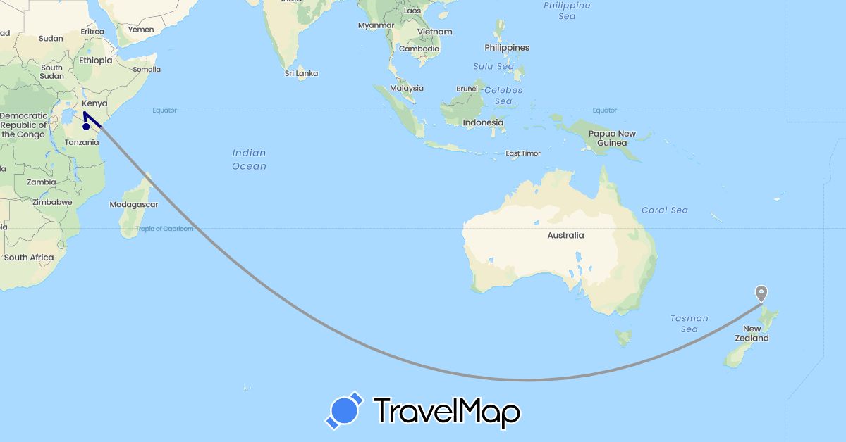 TravelMap itinerary: driving, plane in Kenya, New Zealand, Tanzania (Africa, Oceania)